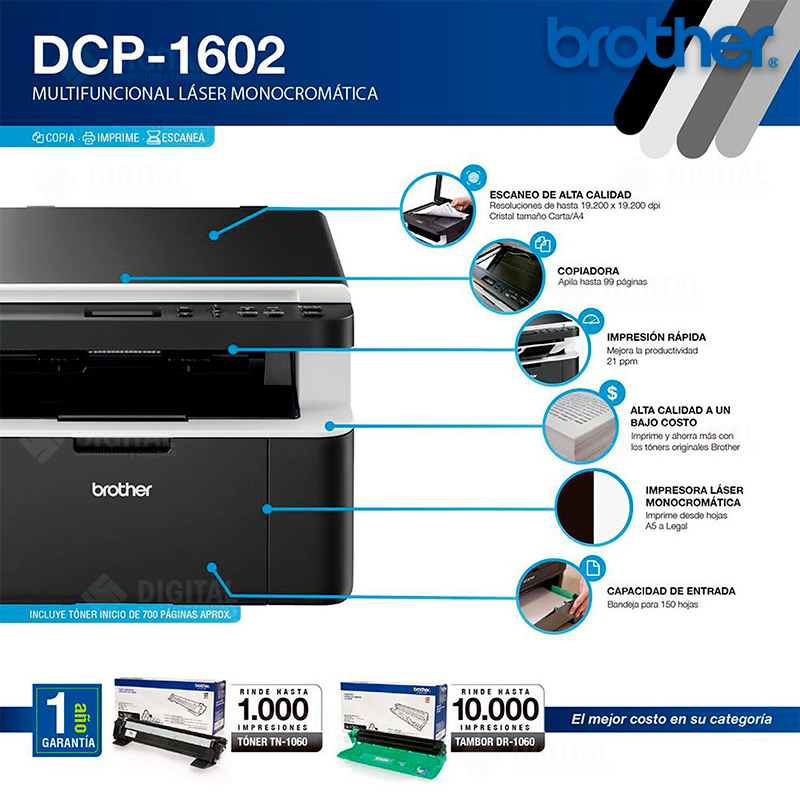 Impresora Multifuncional Brother DCP-1602 Laser monocromático - LYM DIGITAL